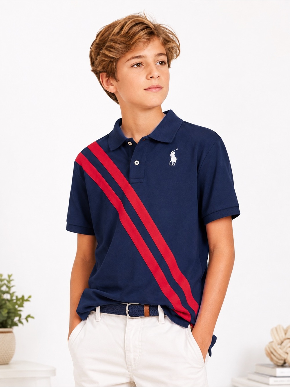 Polo by Ralph Lauren Navy Polo with Red Diagonal Stripes-New without tags